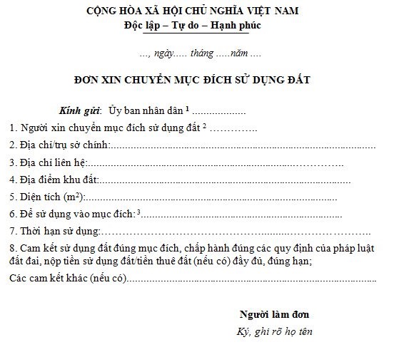 Đơn xin chuyển mục đích sử dụng đất