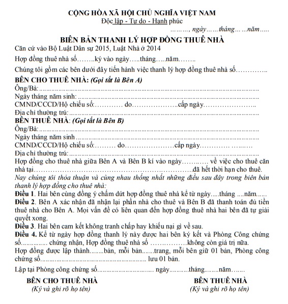 Biên bản thanh lý hợp đồng thuê nhà